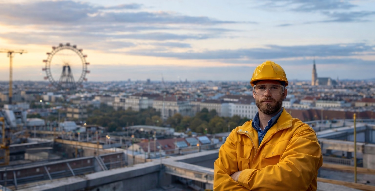 Facharbeiter mit Schutzhelm auf Baustelle in Wien – Personalleasing und Arbeitskräfteüberlassung in Wien und ganz Österreich